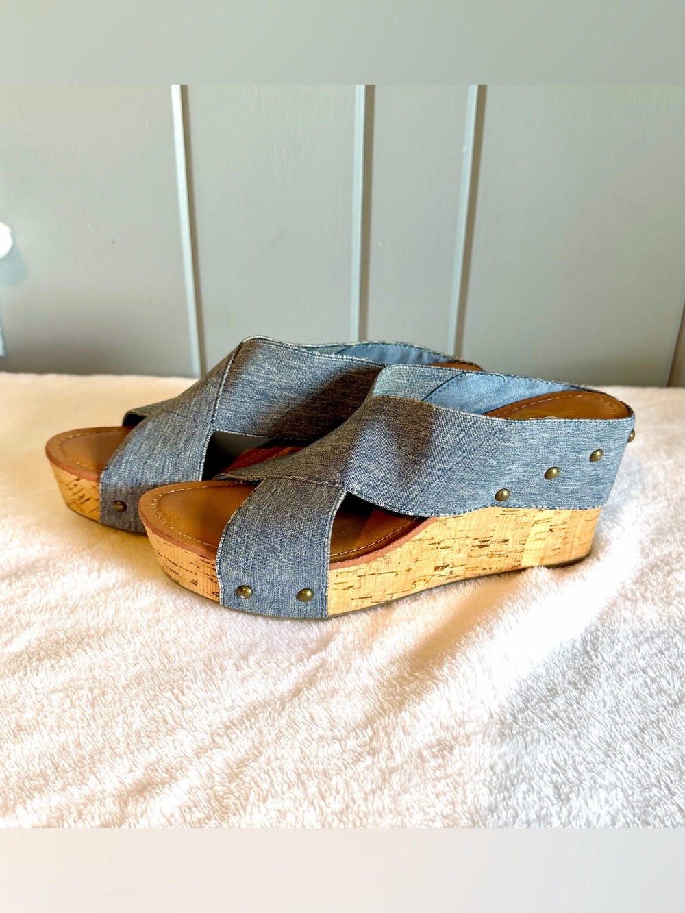 Blue Denim Wedges With Stud Embellishments & Cork Heel